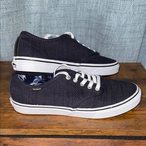 Vans Navy Blue Textured Canvas Lace Up Sneakers Casual Floral Lining Sz 9 US‎